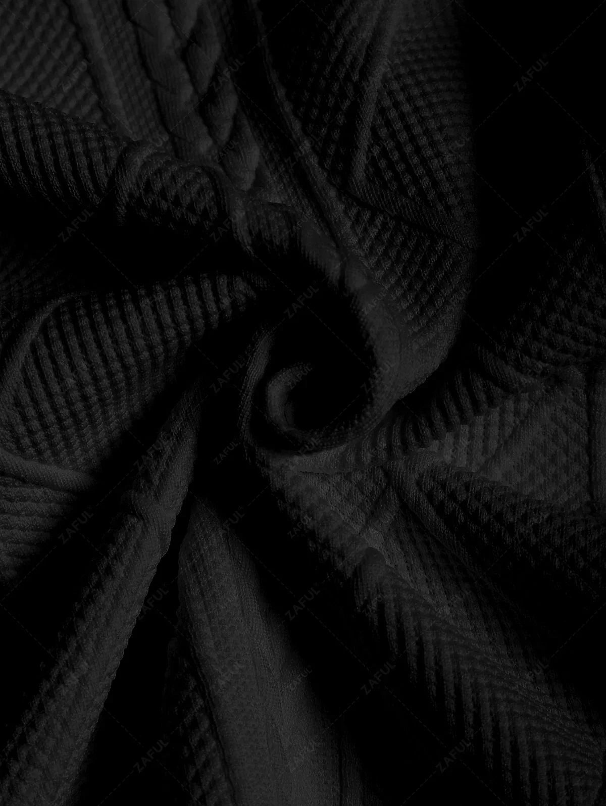 ZAFUL Men\'s Matching Two Piece Co Ord Crew Neck Short Sleeves Cable Geometric Jacquard Textured T-shirt and Drawstring Casual Shorts Set BLACK WHITE