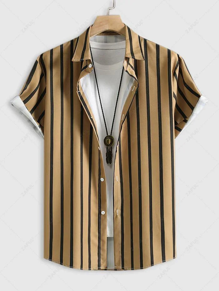 Men\'s Button Up Vertical Striped Short Sleeve Casual Summer Beach Shirt   BLACK DEEP YELLOW LIGHT YELLOW MULTI-A