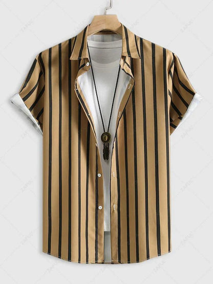 Men\'s Button Up Vertical Striped Short Sleeve Casual Summer Beach Shirt   BLACK DEEP YELLOW LIGHT YELLOW MULTI-A