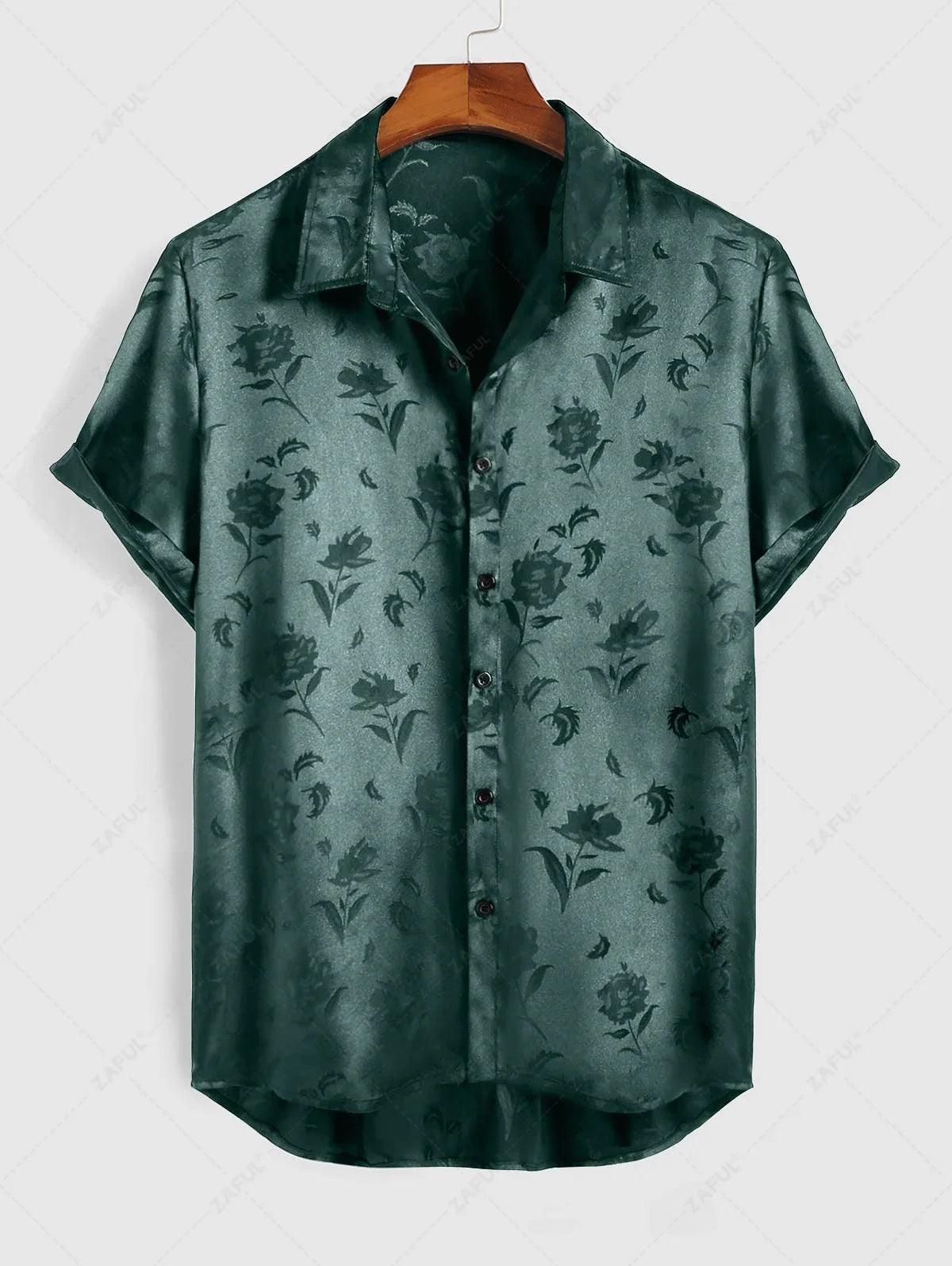 Men\'s Jacquard Silky Satin Floral Print Rose Pattern Button Front Short Sleeve Shirt And Shorts Set   BLACK DEEP RED DEEP BLUE DEEP GREEN