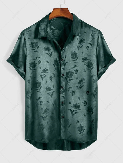 Men\'s Jacquard Silky Satin Floral Print Rose Pattern Button Front Short Sleeve Shirt And Shorts Set   BLACK DEEP RED DEEP BLUE DEEP GREEN