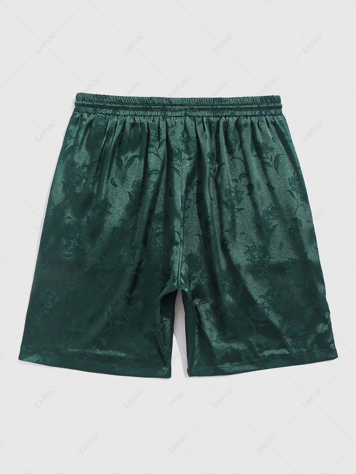 Men\'s Jacquard Silky Satin Floral Print Rose Pattern Button Front Short Sleeve Shirt And Shorts Set   BLACK DEEP RED DEEP BLUE DEEP GREEN