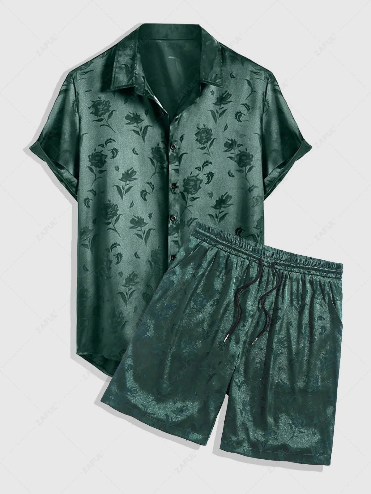 Men\'s Jacquard Silky Satin Floral Print Rose Pattern Button Front Short Sleeve Shirt And Shorts Set   BLACK DEEP RED DEEP BLUE DEEP GREEN