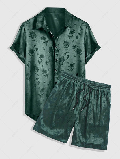 Men\'s Jacquard Silky Satin Floral Print Rose Pattern Button Front Short Sleeve Shirt And Shorts Set   BLACK DEEP RED DEEP BLUE DEEP GREEN