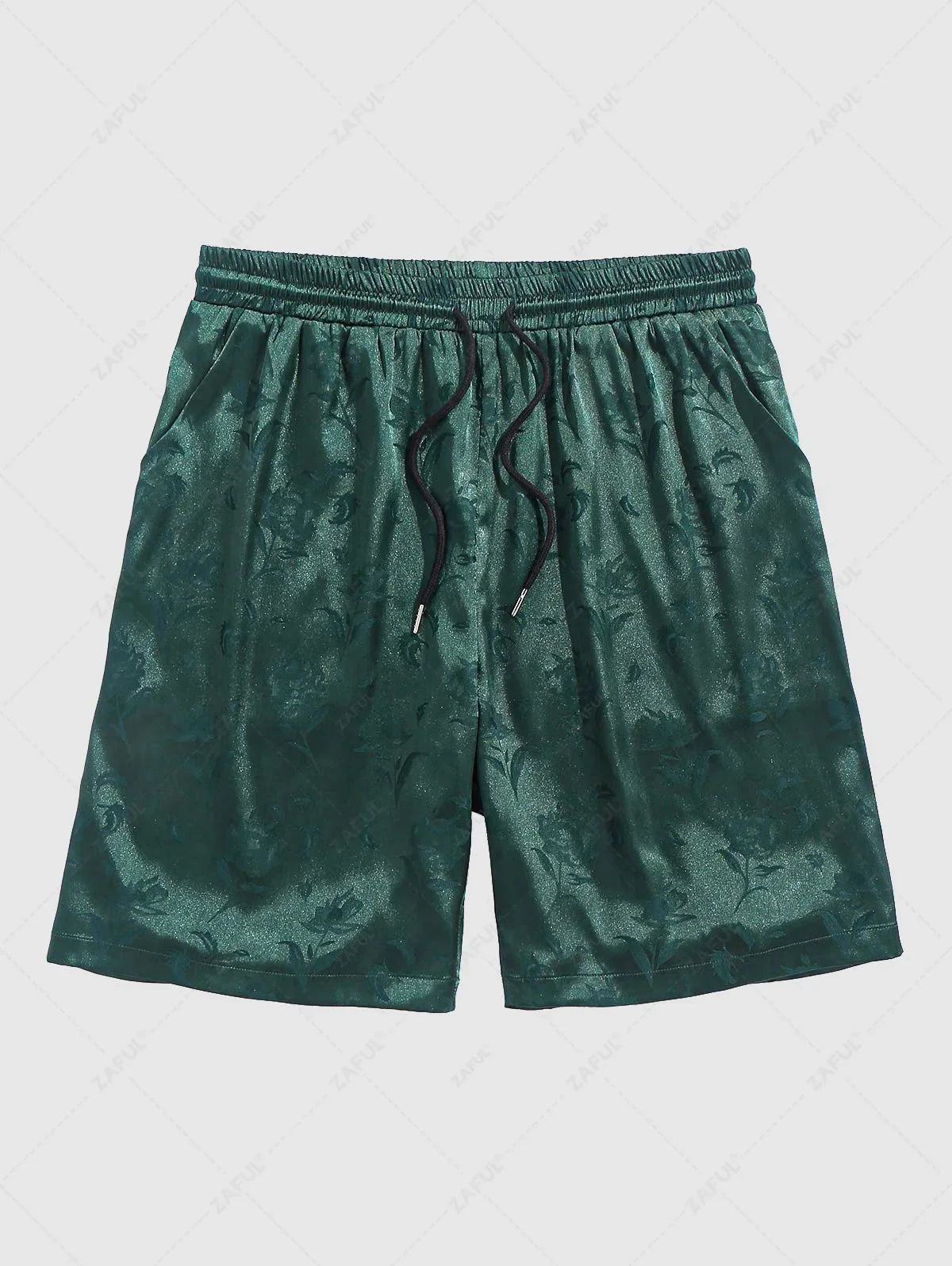 Men\'s Jacquard Silky Satin Floral Print Rose Pattern Button Front Short Sleeve Shirt And Shorts Set   BLACK DEEP RED DEEP BLUE DEEP GREEN