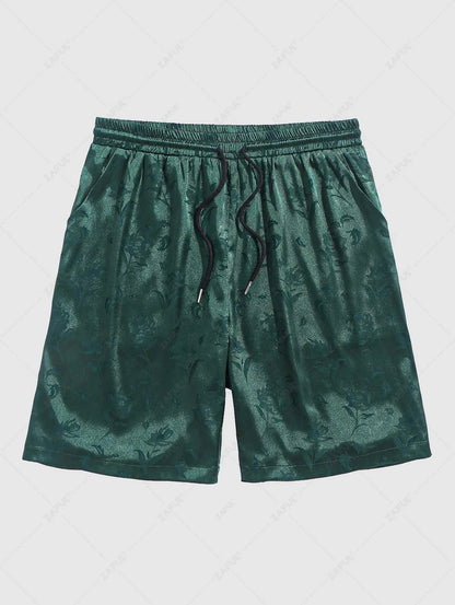 Men\'s Jacquard Silky Satin Floral Print Rose Pattern Button Front Short Sleeve Shirt And Shorts Set   BLACK DEEP RED DEEP BLUE DEEP GREEN