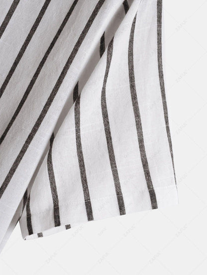 Men\'s Half Buttoned Casual Vertical Striped Office Pullover Shirt and Basic Casual Shorts Set   BLUE WHITE