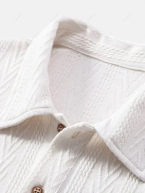 Men\'s Solid Color Jacquard Textured Polo Collar Half Buttoned Short Sleeves T-shirt and Cotton and Linen Straight Leg Pants Set   BLACK COFFEE