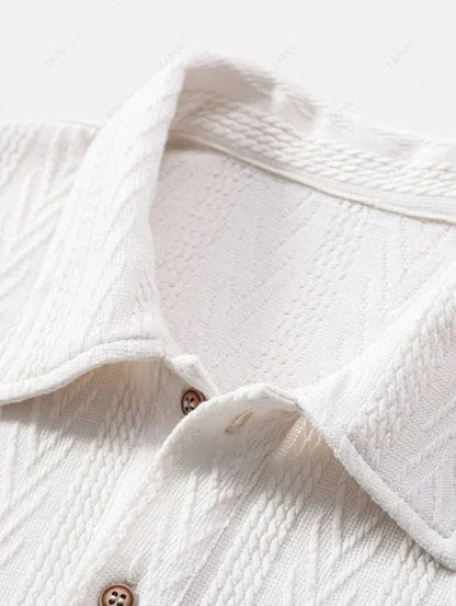 Men\'s Solid Color Jacquard Textured Polo Collar Half Buttoned Short Sleeves T-shirt and Cotton and Linen Straight Leg Pants Set   BLACK COFFEE