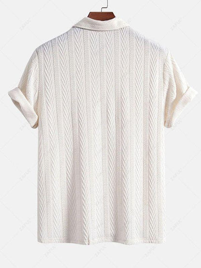 Men\'s Solid Color Jacquard Textured Polo Collar Half Buttoned Short Sleeves T-shirt and Cotton and Linen Straight Leg Pants Set   BLACK COFFEE