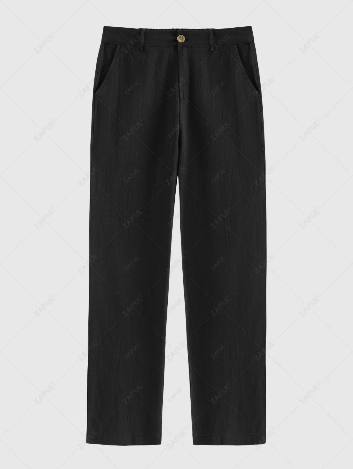 Men\'s Solid Color Jacquard Textured Polo Collar Half Buttoned Short Sleeves T-shirt and Cotton and Linen Straight Leg Pants Set   BLACK COFFEE