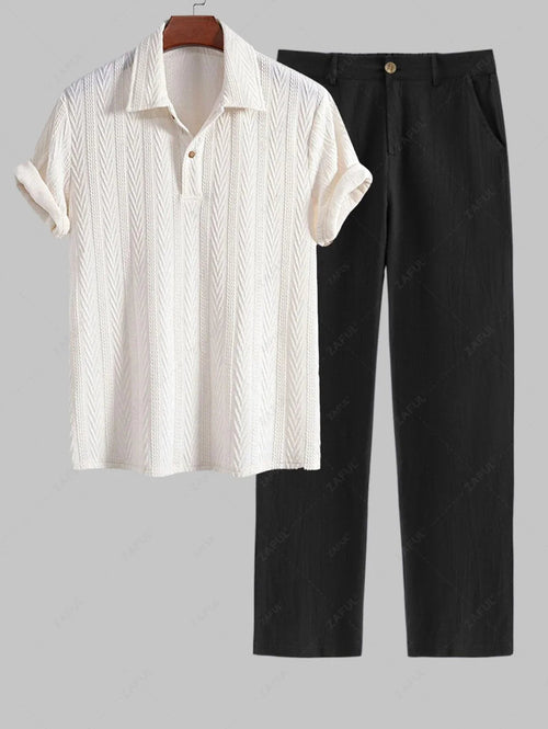 Men\'s Solid Color Jacquard Textured Polo Collar Half Buttoned Short Sleeves T-shirt and Cotton and Linen Straight Leg Pants Set   BLACK COFFEE