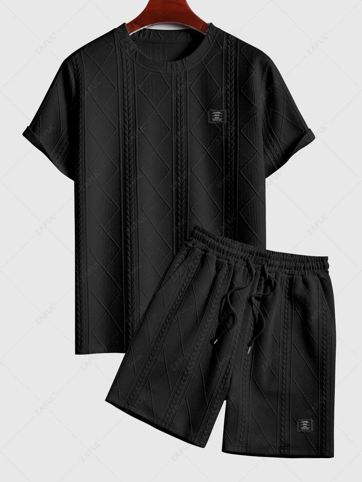ZAFUL Men\'s Matching Two Piece Co Ord Crew Neck Short Sleeves Cable Geometric Jacquard Textured T-shirt and Drawstring Casual Shorts Set   BLACK WHITE