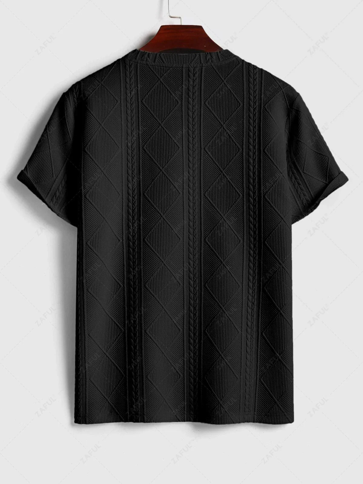 ZAFUL Men\'s Matching Two Piece Co Ord Crew Neck Short Sleeves Cable Geometric Jacquard Textured T-shirt and Drawstring Casual Shorts Set   BLACK WHITE