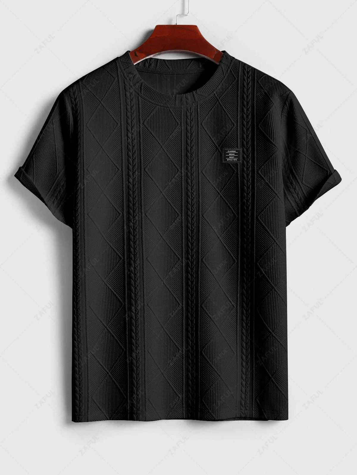 ZAFUL Men\'s Matching Two Piece Co Ord Crew Neck Short Sleeves Cable Geometric Jacquard Textured T-shirt and Drawstring Casual Shorts Set   BLACK WHITE