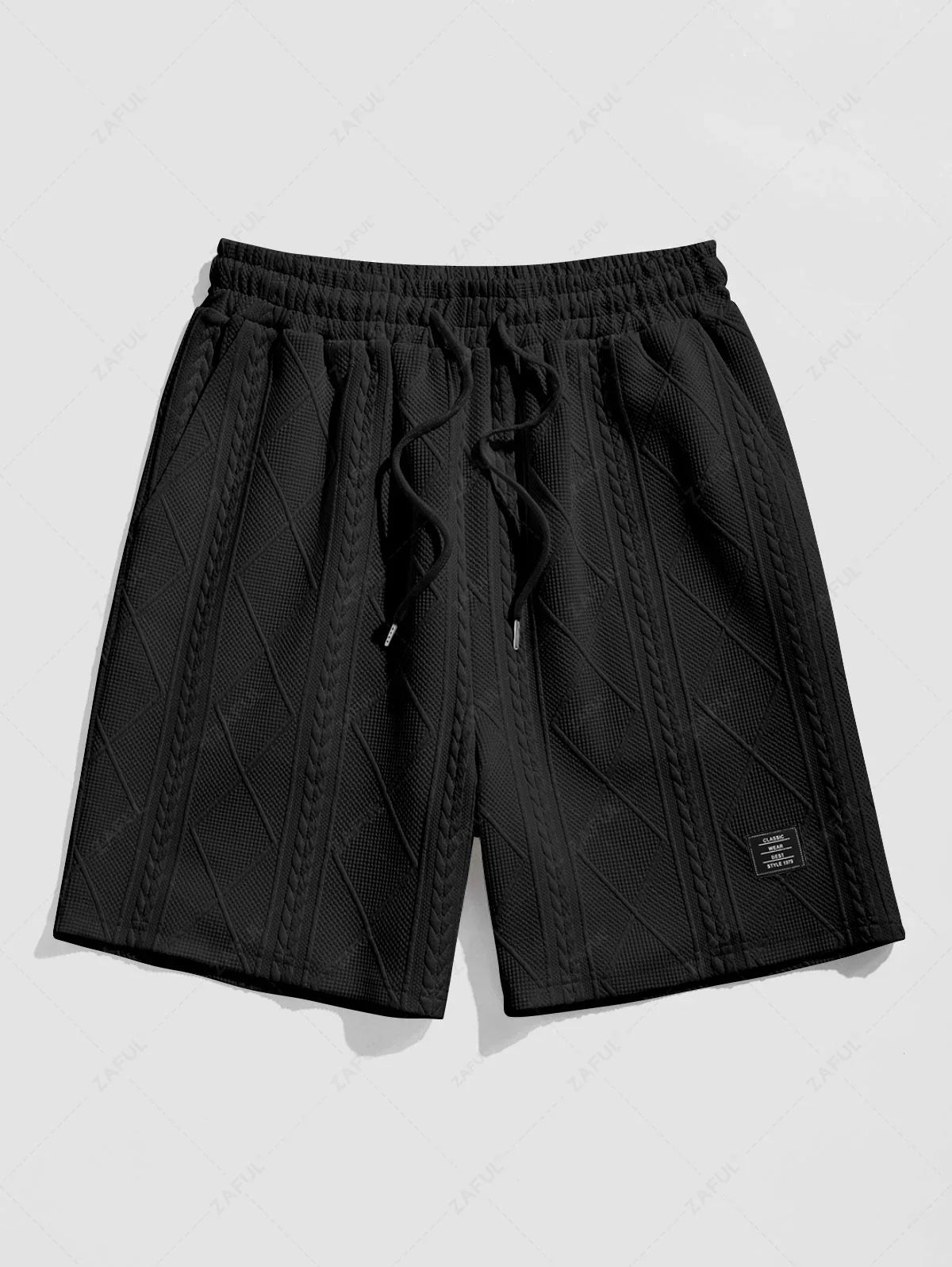 ZAFUL Men\'s Matching Two Piece Co Ord Crew Neck Short Sleeves Cable Geometric Jacquard Textured T-shirt and Drawstring Casual Shorts Set   BLACK WHITE