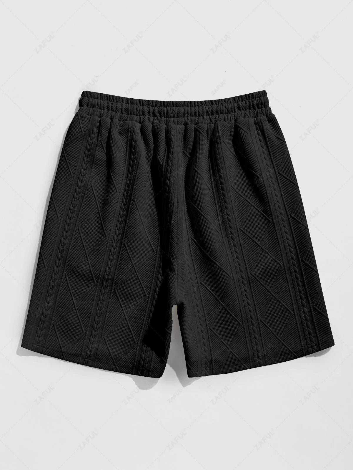 ZAFUL Men\'s Matching Two Piece Co Ord Crew Neck Short Sleeves Cable Geometric Jacquard Textured T-shirt and Drawstring Casual Shorts Set   BLACK WHITE