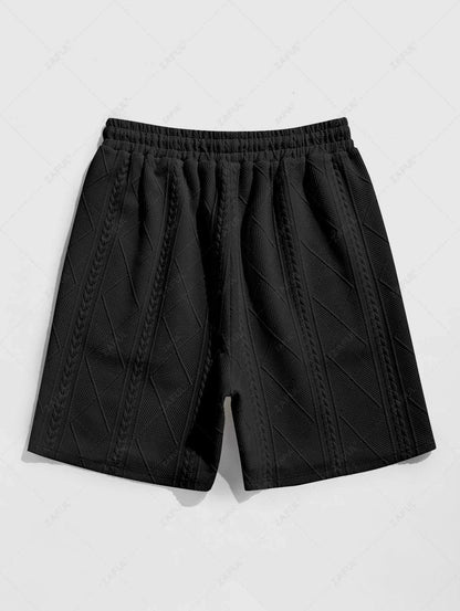 ZAFUL Men\'s Matching Two Piece Co Ord Crew Neck Short Sleeves Cable Geometric Jacquard Textured T-shirt and Drawstring Casual Shorts Set   BLACK WHITE