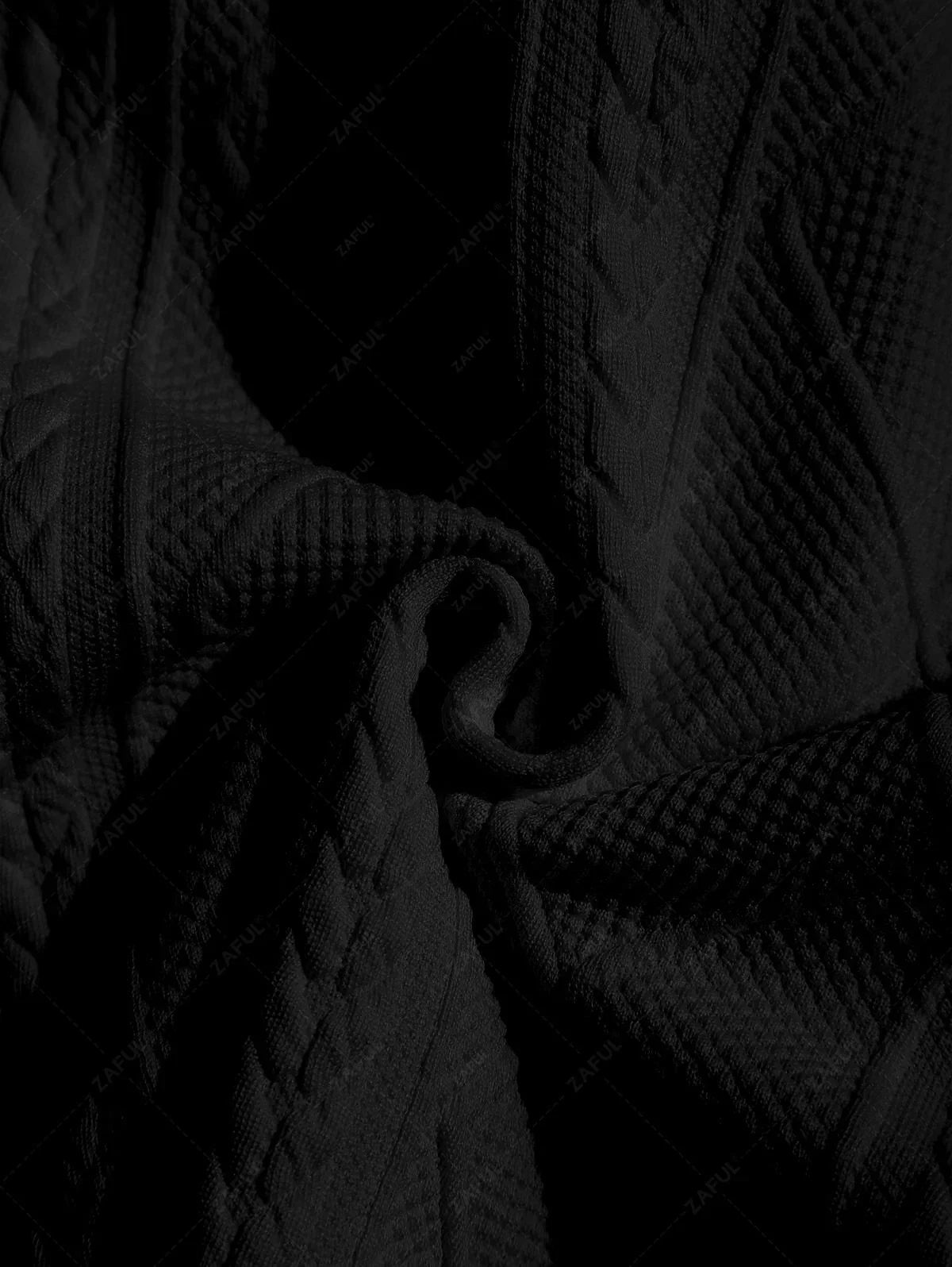 ZAFUL Men\'s Matching Two Piece Co Ord Crew Neck Short Sleeves Cable Geometric Jacquard Textured T-shirt and Drawstring Casual Shorts Set   BLACK WHITE