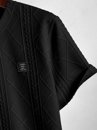 ZAFUL Men\'s Matching Two Piece Co Ord Crew Neck Short Sleeves Cable Geometric Jacquard Textured T-shirt and Drawstring Casual Shorts Set   BLACK WHITE