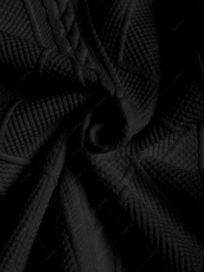 ZAFUL Men\'s Matching Two Piece Co Ord Crew Neck Short Sleeves Cable Geometric Jacquard Textured T-shirt and Drawstring Casual Shorts Set   BLACK WHITE