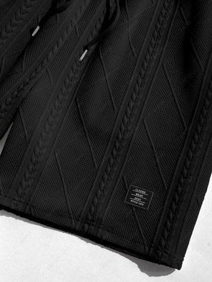 ZAFUL Men\'s Matching Two Piece Co Ord Crew Neck Short Sleeves Cable Geometric Jacquard Textured T-shirt and Drawstring Casual Shorts Set   BLACK WHITE