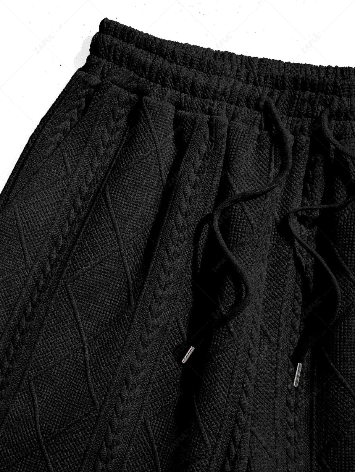 ZAFUL Men\'s Matching Two Piece Co Ord Crew Neck Short Sleeves Cable Geometric Jacquard Textured T-shirt and Drawstring Casual Shorts Set   BLACK WHITE