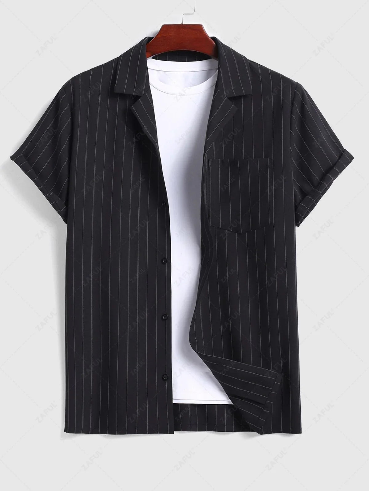 Men\'s Casual Pinstripe Pocket Design Camp Collar Button Up Short Sleeves Shirt And Drawstring Straight Leg Pants Set   BLACK
