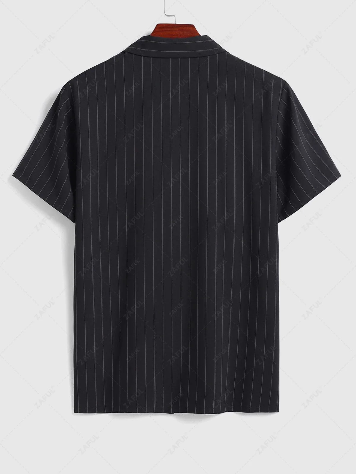 Men\'s Casual Pinstripe Pocket Design Camp Collar Button Up Short Sleeves Shirt And Drawstring Straight Leg Pants Set   BLACK