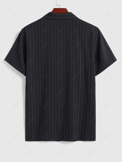 Men\'s Casual Pinstripe Pocket Design Camp Collar Button Up Short Sleeves Shirt And Drawstring Straight Leg Pants Set   BLACK