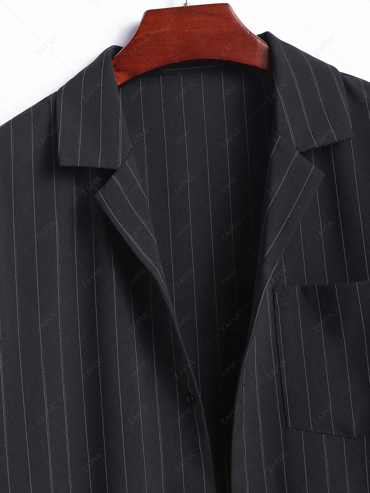 Men\'s Casual Pinstripe Pocket Design Camp Collar Button Up Short Sleeves Shirt And Drawstring Straight Leg Pants Set   BLACK