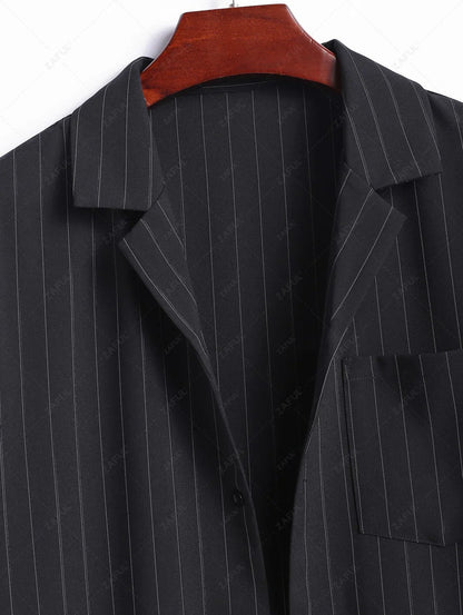 Men\'s Casual Pinstripe Pocket Design Camp Collar Button Up Short Sleeves Shirt And Drawstring Straight Leg Pants Set   BLACK