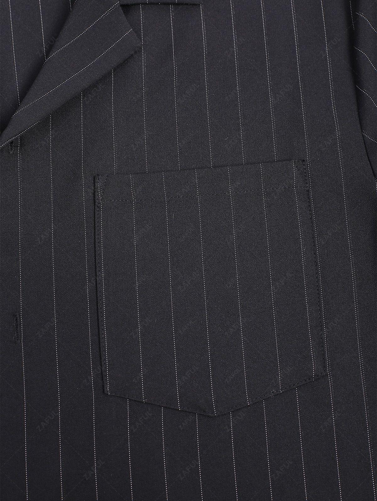 Men\'s Casual Pinstripe Pocket Design Camp Collar Button Up Short Sleeves Shirt And Drawstring Straight Leg Pants Set   BLACK