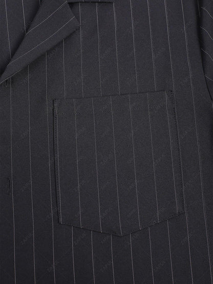 Men\'s Casual Pinstripe Pocket Design Camp Collar Button Up Short Sleeves Shirt And Drawstring Straight Leg Pants Set   BLACK