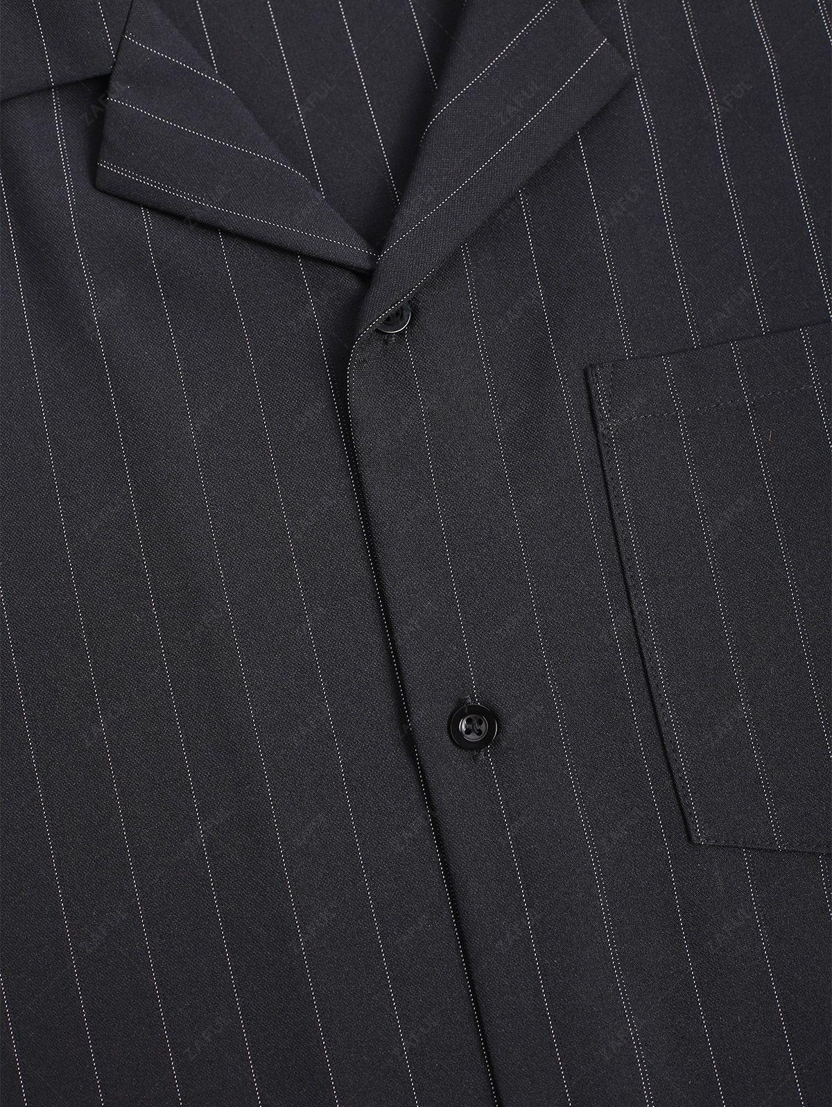 Men\'s Casual Pinstripe Pocket Design Camp Collar Button Up Short Sleeves Shirt And Drawstring Straight Leg Pants Set   BLACK