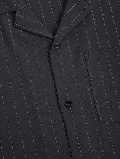 Men\'s Casual Pinstripe Pocket Design Camp Collar Button Up Short Sleeves Shirt And Drawstring Straight Leg Pants Set   BLACK