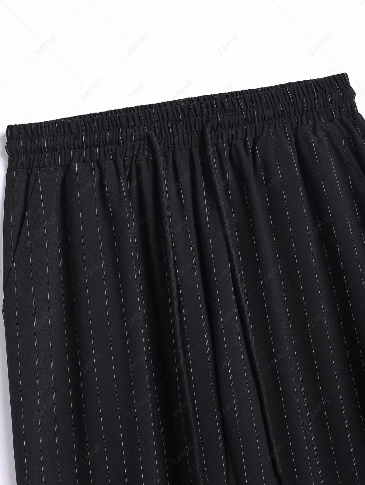 Men\'s Casual Pinstripe Pocket Design Camp Collar Button Up Short Sleeves Shirt And Drawstring Straight Leg Pants Set   BLACK