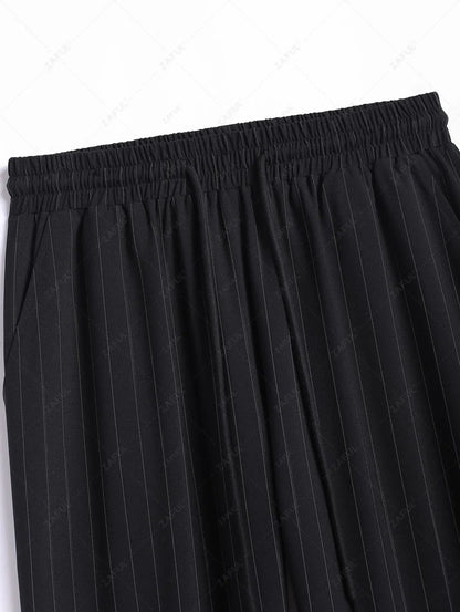 Men\'s Casual Pinstripe Pocket Design Camp Collar Button Up Short Sleeves Shirt And Drawstring Straight Leg Pants Set   BLACK