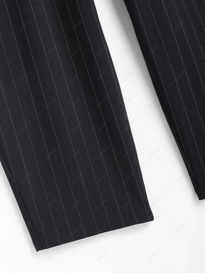 Men\'s Casual Pinstripe Pocket Design Camp Collar Button Up Short Sleeves Shirt And Drawstring Straight Leg Pants Set   BLACK