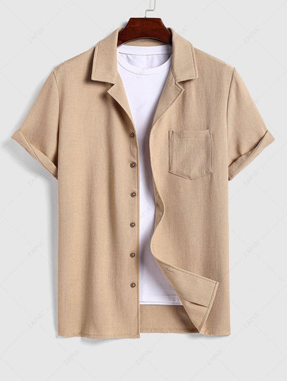 Men\'s Cotton And Linen Textured Pocket Design Camp Collar Button Up Short Sleeves Shirt And Drawstring Straight Leg Pants Set   BLACK LIGHT BLUE COFFEE