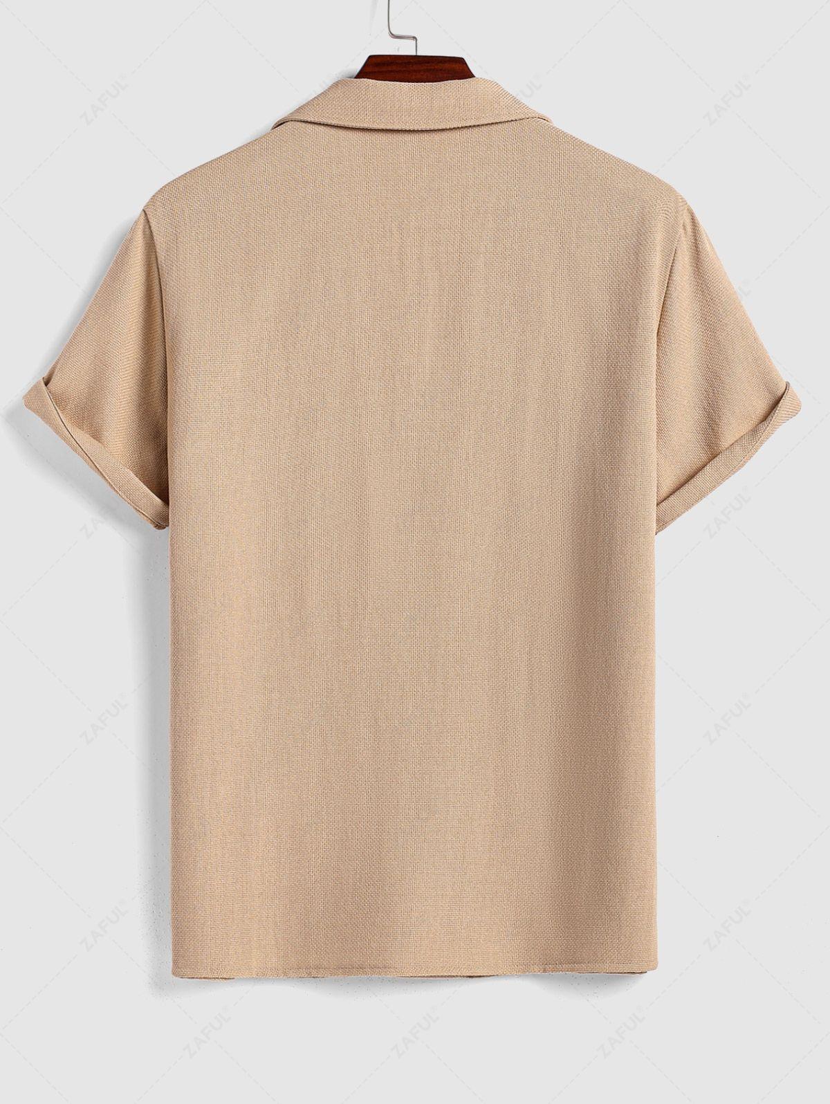 Men\'s Cotton And Linen Textured Pocket Design Camp Collar Button Up Short Sleeves Shirt And Drawstring Straight Leg Pants Set   BLACK LIGHT BLUE COFFEE