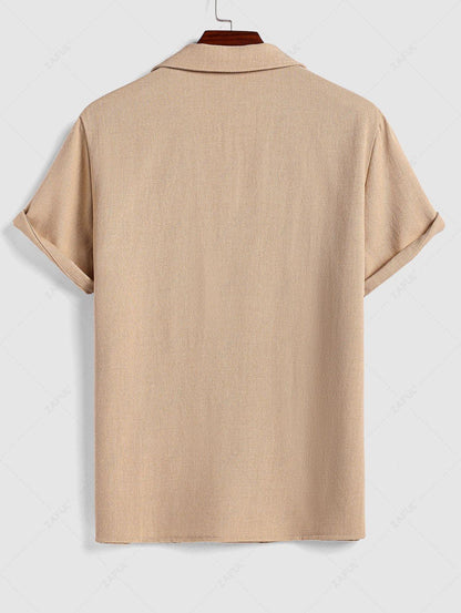 Men\'s Cotton And Linen Textured Pocket Design Camp Collar Button Up Short Sleeves Shirt And Drawstring Straight Leg Pants Set   BLACK LIGHT BLUE COFFEE