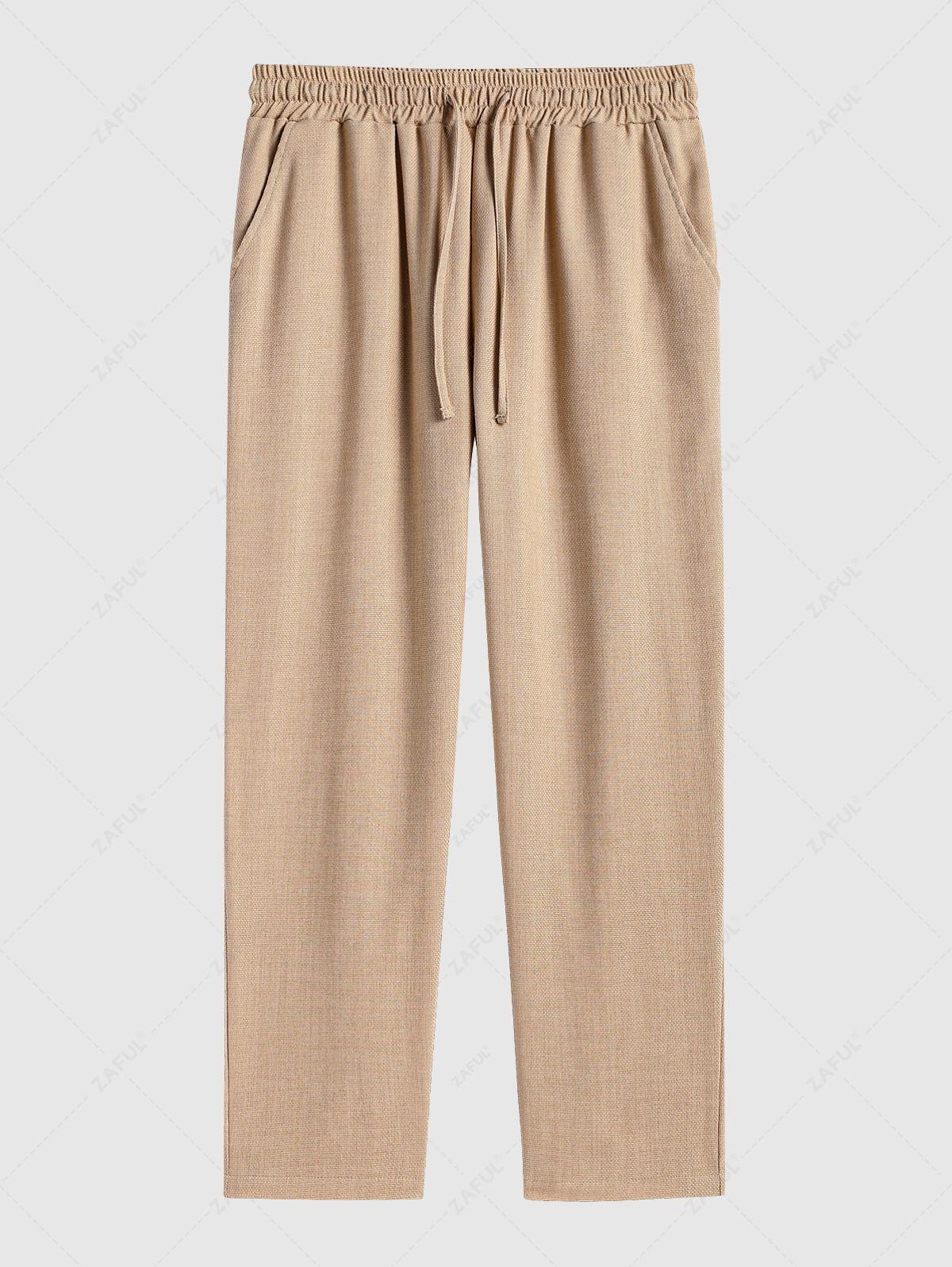 Men\'s Cotton And Linen Textured Pocket Design Camp Collar Button Up Short Sleeves Shirt And Drawstring Straight Leg Pants Set   BLACK LIGHT BLUE COFFEE