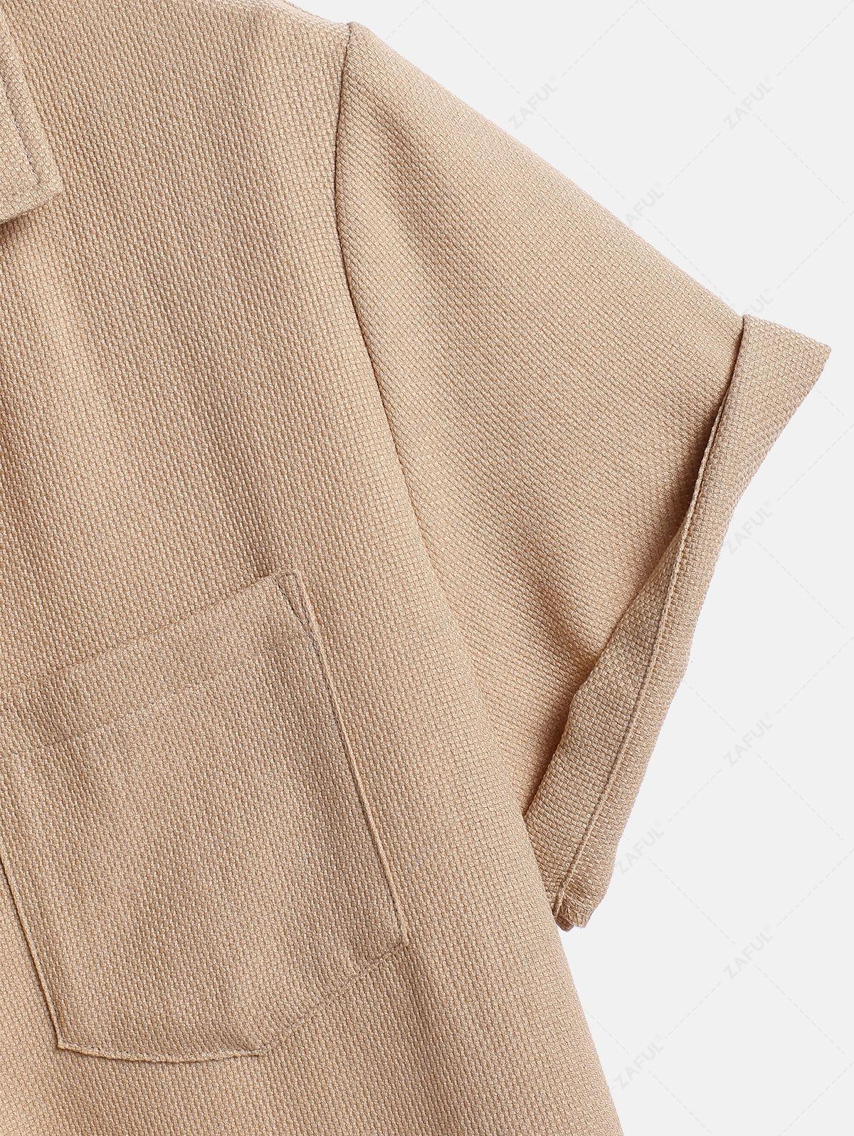 Men\'s Cotton And Linen Textured Pocket Design Camp Collar Button Up Short Sleeves Shirt And Drawstring Straight Leg Pants Set   BLACK LIGHT BLUE COFFEE