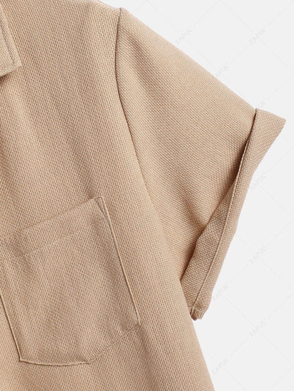 Men\'s Cotton And Linen Textured Pocket Design Camp Collar Button Up Short Sleeves Shirt And Drawstring Straight Leg Pants Set   BLACK LIGHT BLUE COFFEE