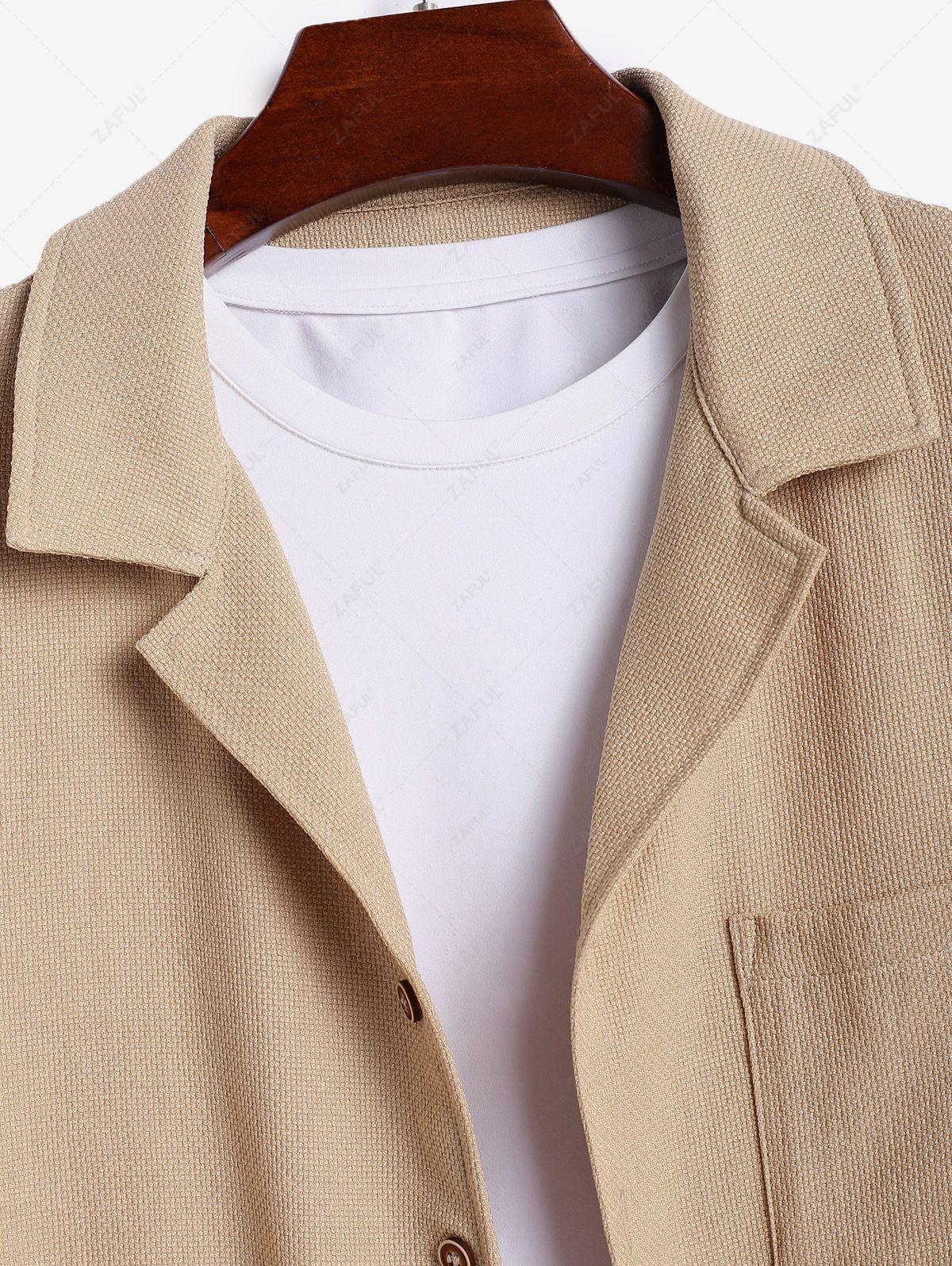 Men\'s Cotton And Linen Textured Pocket Design Camp Collar Button Up Short Sleeves Shirt And Drawstring Straight Leg Pants Set   BLACK LIGHT BLUE COFFEE