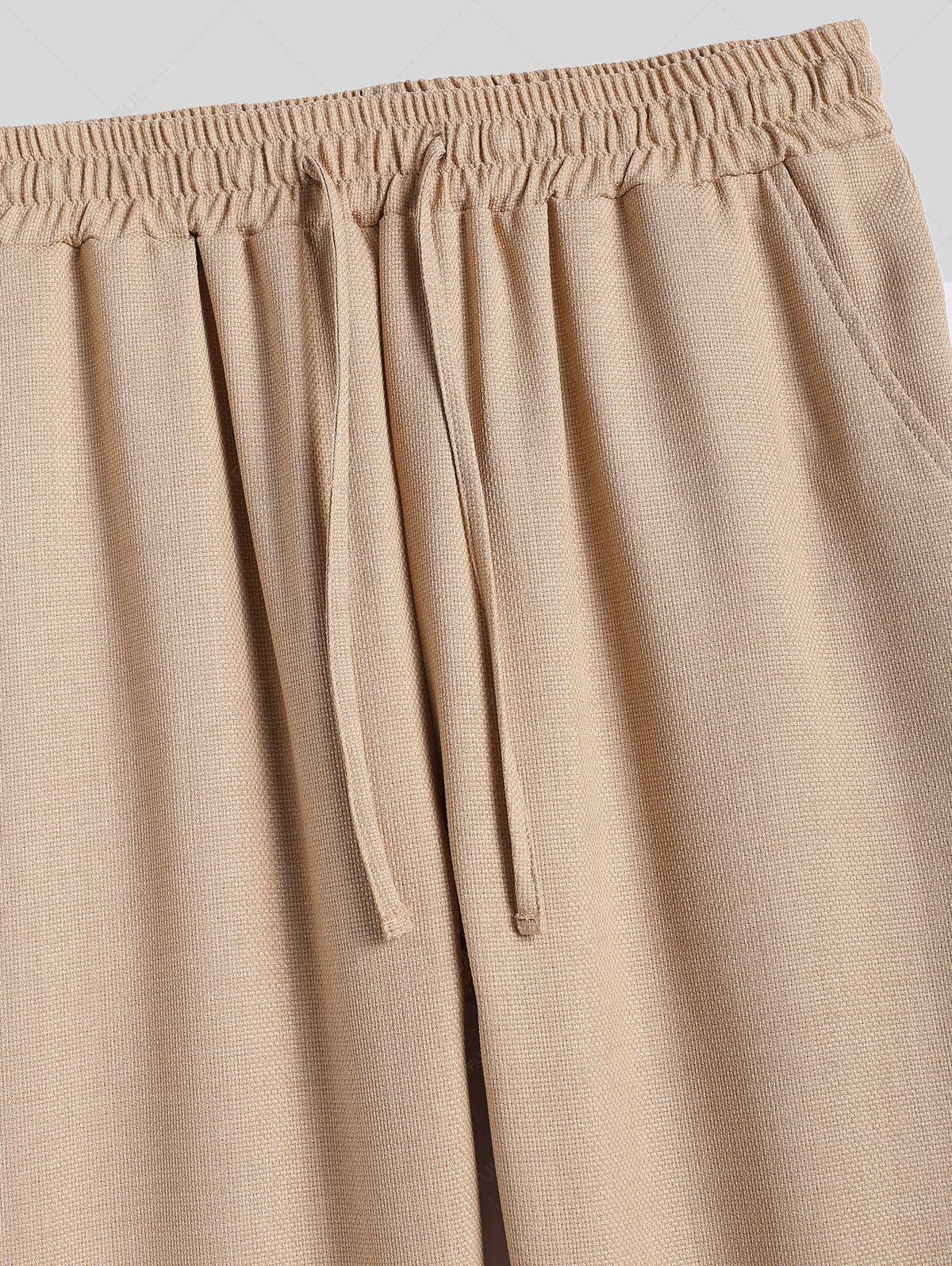 Men\'s Cotton And Linen Textured Pocket Design Camp Collar Button Up Short Sleeves Shirt And Drawstring Straight Leg Pants Set   BLACK LIGHT BLUE COFFEE