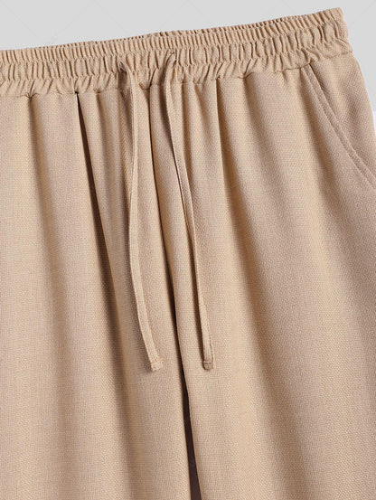 Men\'s Cotton And Linen Textured Pocket Design Camp Collar Button Up Short Sleeves Shirt And Drawstring Straight Leg Pants Set   BLACK LIGHT BLUE COFFEE