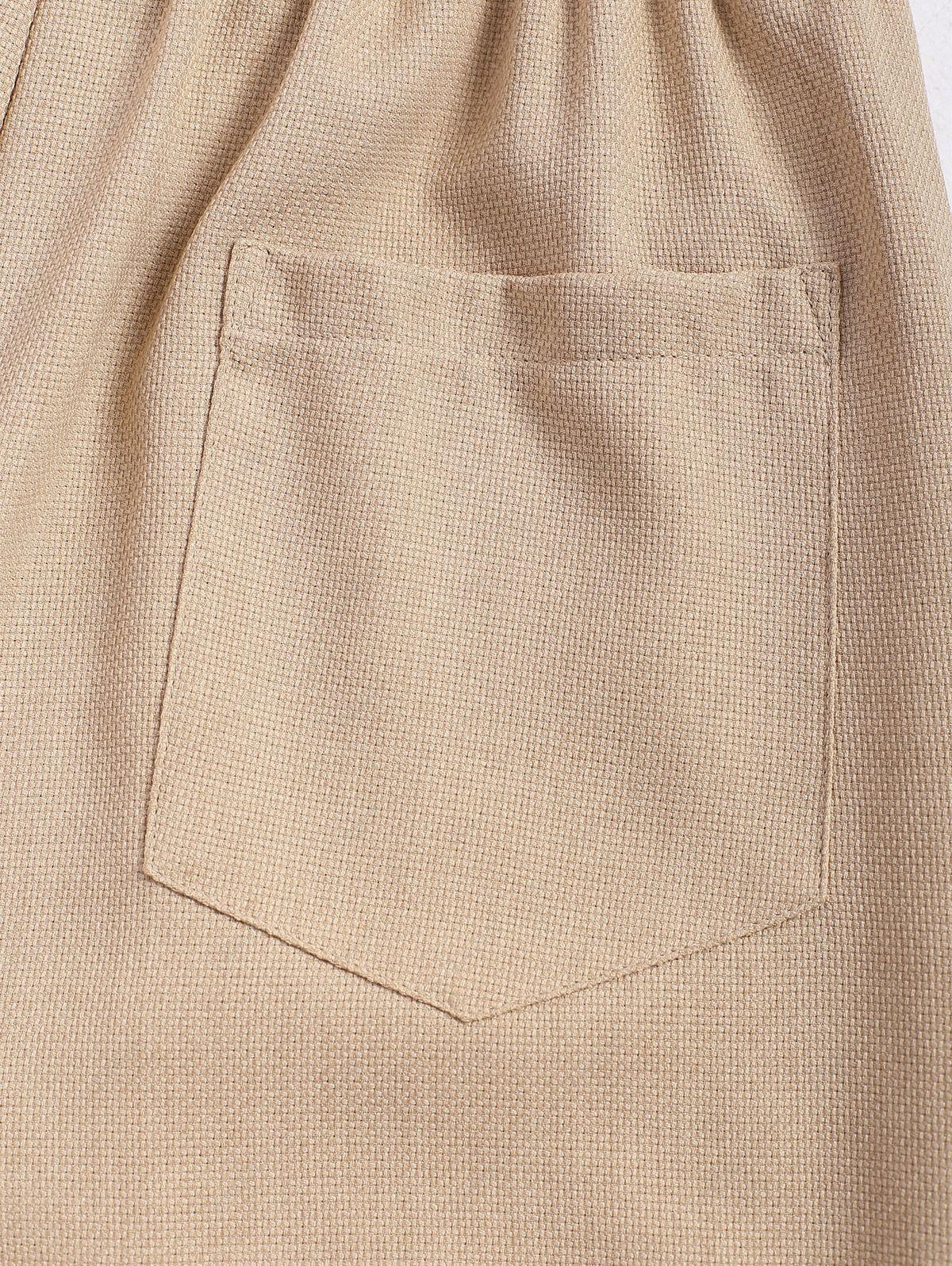 Men\'s Cotton And Linen Textured Pocket Design Camp Collar Button Up Short Sleeves Shirt And Drawstring Straight Leg Pants Set   BLACK LIGHT BLUE COFFEE