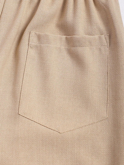 Men\'s Cotton And Linen Textured Pocket Design Camp Collar Button Up Short Sleeves Shirt And Drawstring Straight Leg Pants Set   BLACK LIGHT BLUE COFFEE